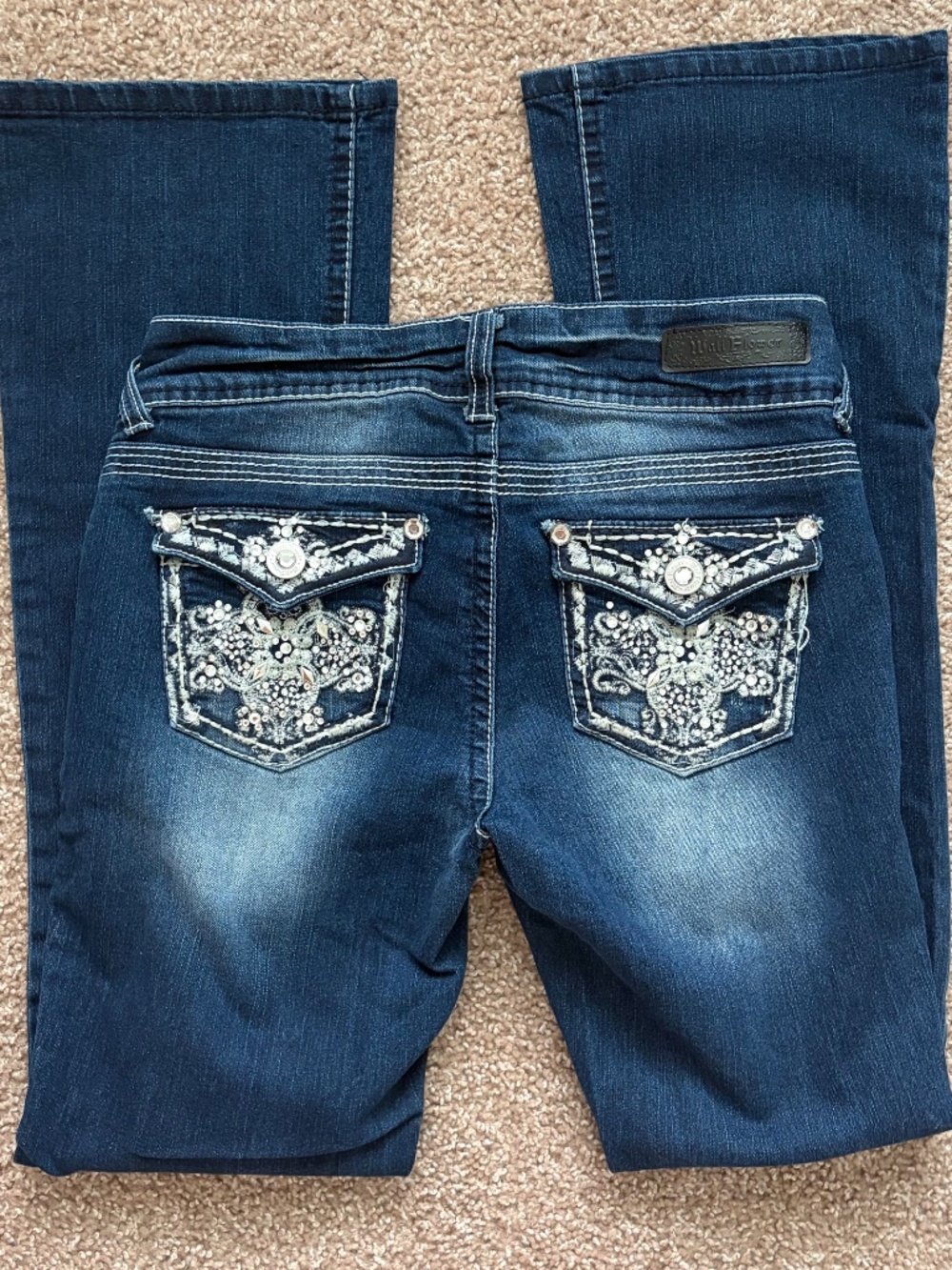 Size 5 Y2K WallFlower Dark Wash Bling Bootcut Jeans with Button Pockets